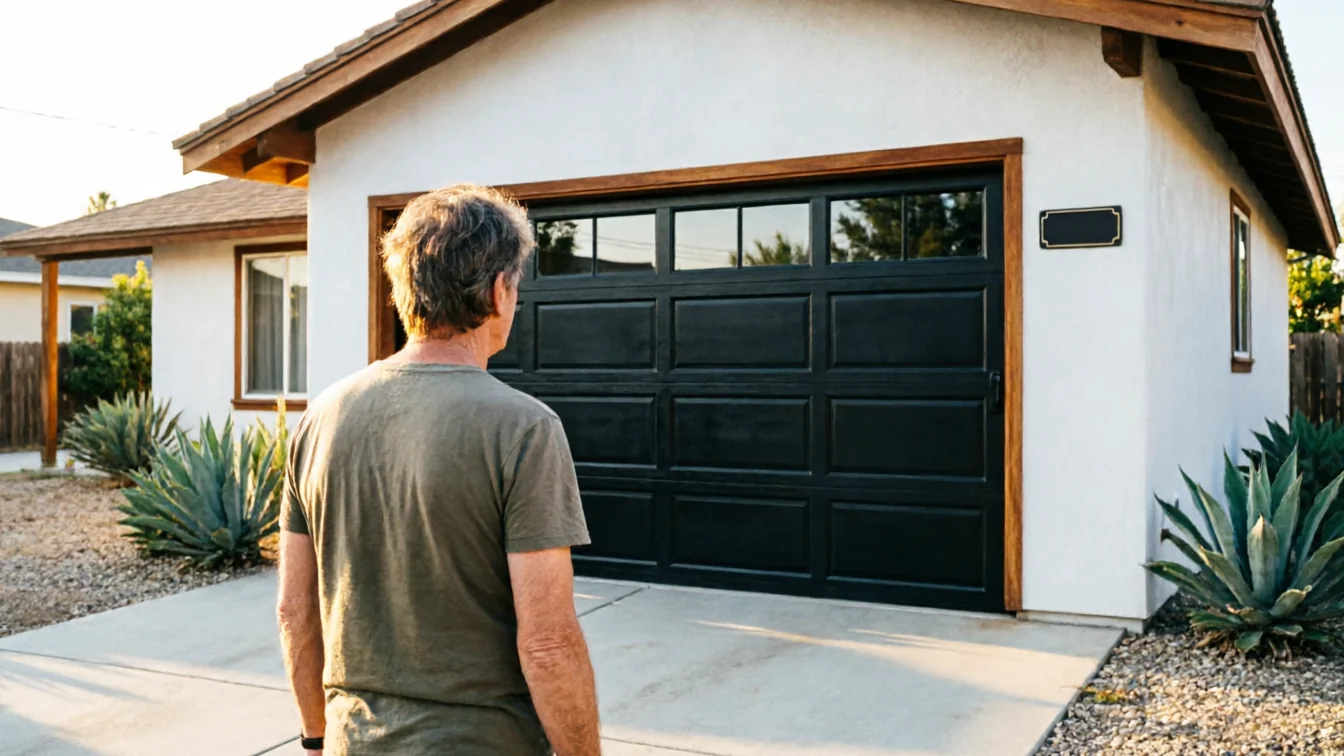 A man stands facing a black garage door with windows on a white house.