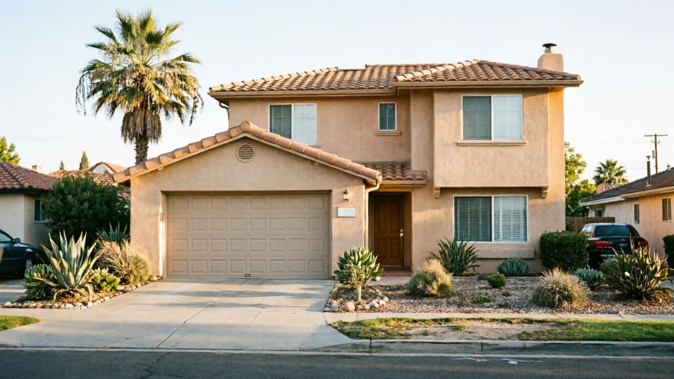 A two-story stucco house with a tan garage door and a palm tree.