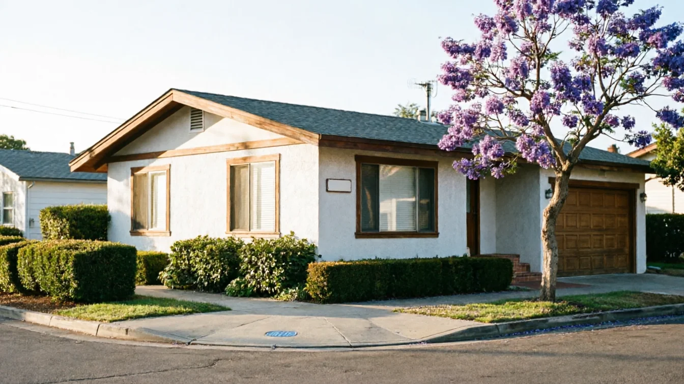 A white house with a brown garage door and a purple flowering tree.