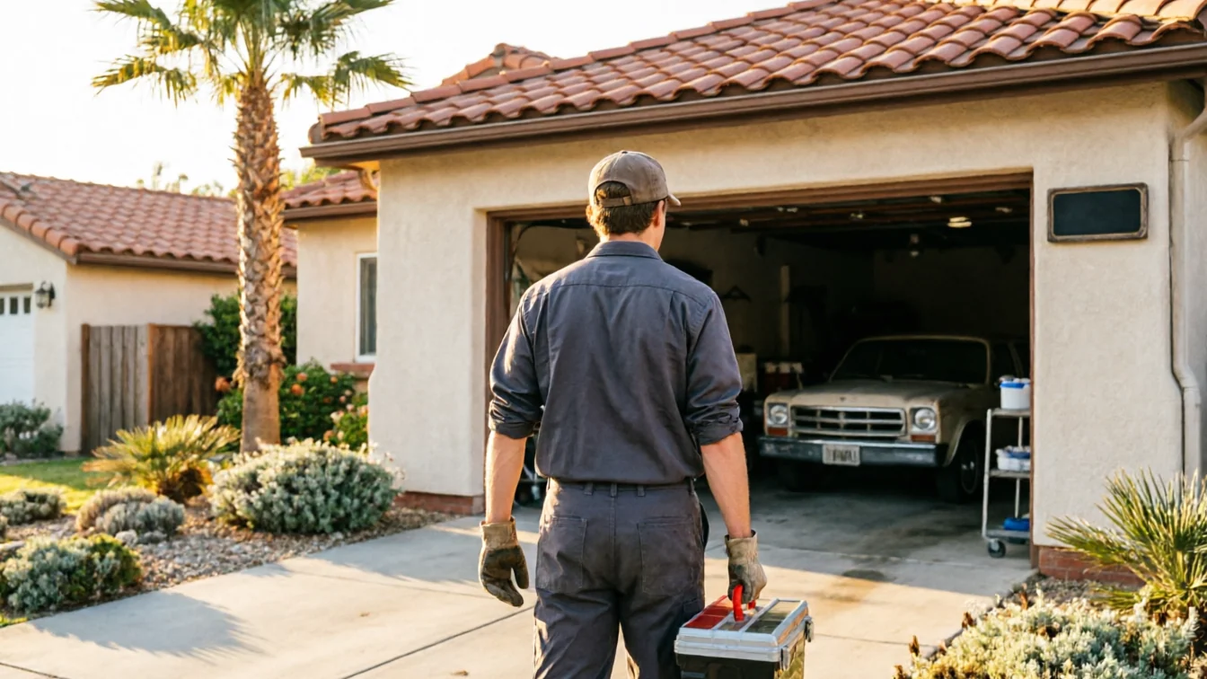 A technician carrying a toolbox walks toward an open garage with a car inside.