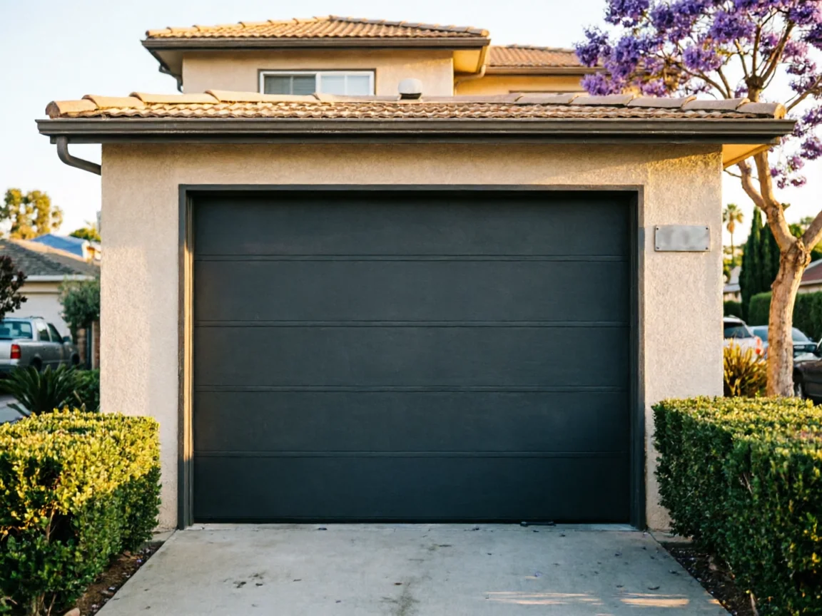 A dark gray garage door is on a beige house with a tiled roof.