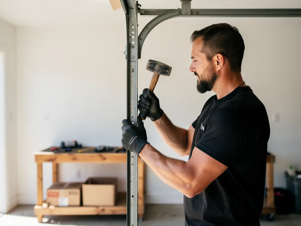 A technician in black gloves uses a hammer on a garage door track.