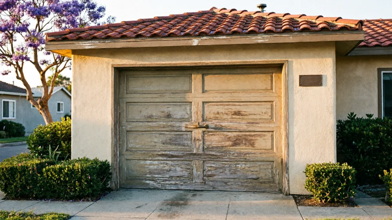 The garage door is weathered and peeling, with a handle in the middle.
