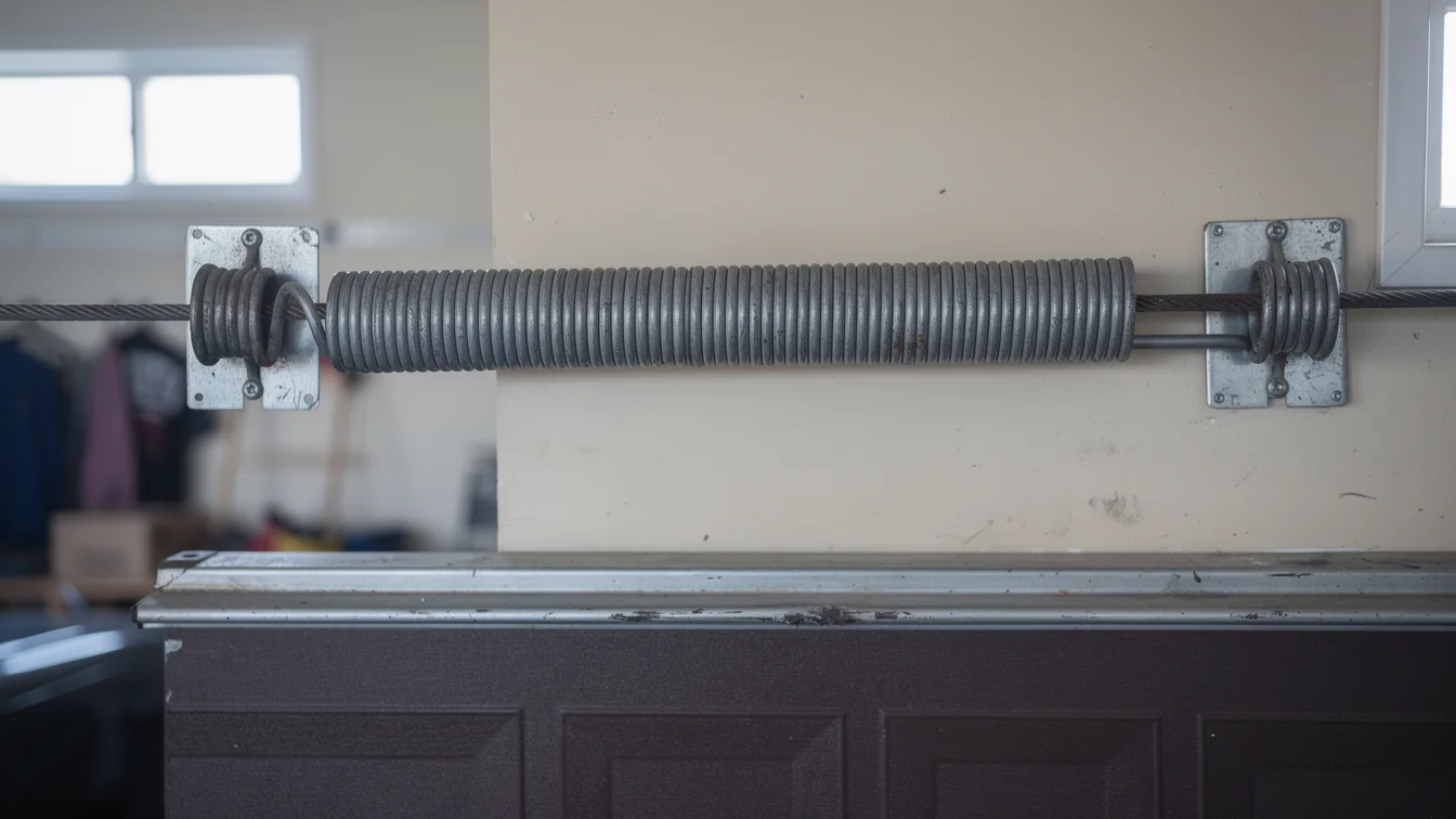The extension spring is mounted on the wall above a brown garage door.
